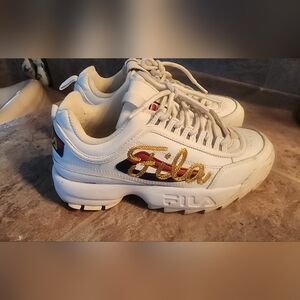 Fila White Sneakers with Gold Script Accent